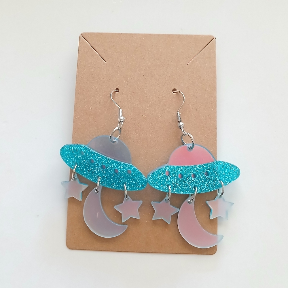 Fashion Jewelry Glittery UFO Earrings - Blue and Pink